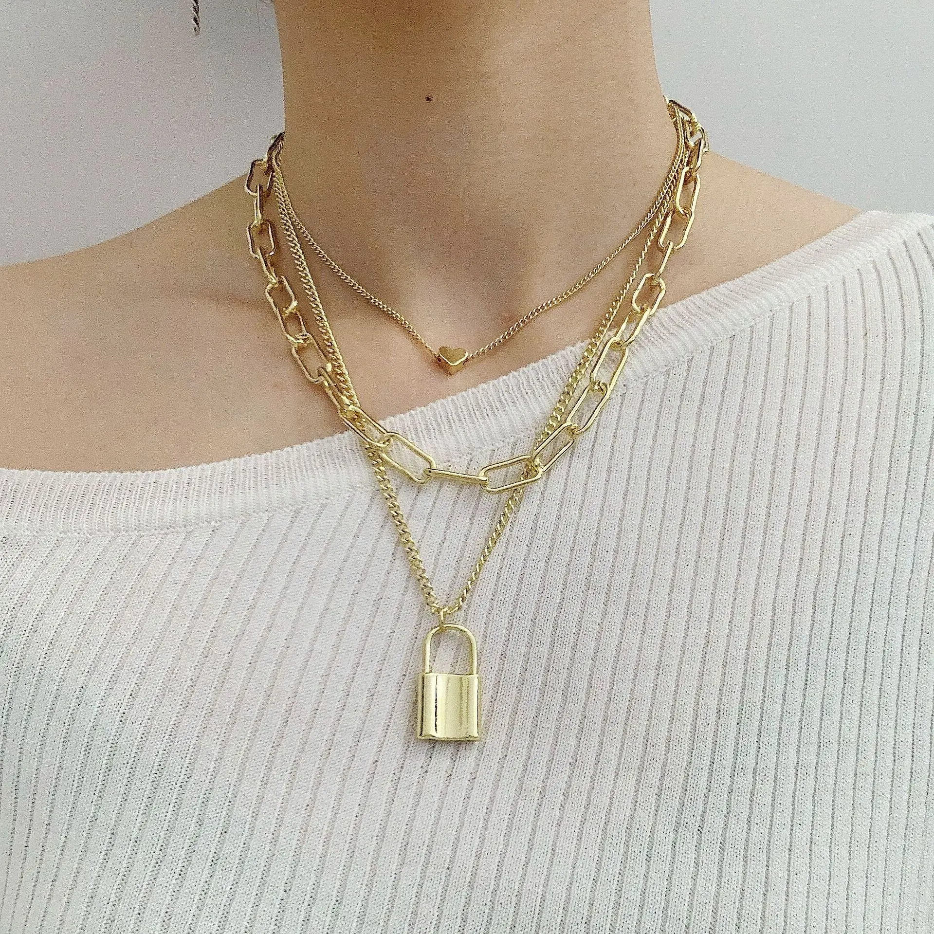 

New 3pcs/set Stainless Steel Design iron lock Women's Chain Necklace Gold Plated Large Chain Necklace Jewelry
