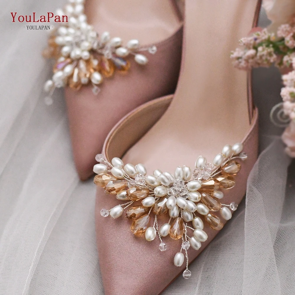 

YouLaPan X20 Hot Selling Pearl Bridal Shoe Buckle Clips with Crystal for Wedding Women, Gold