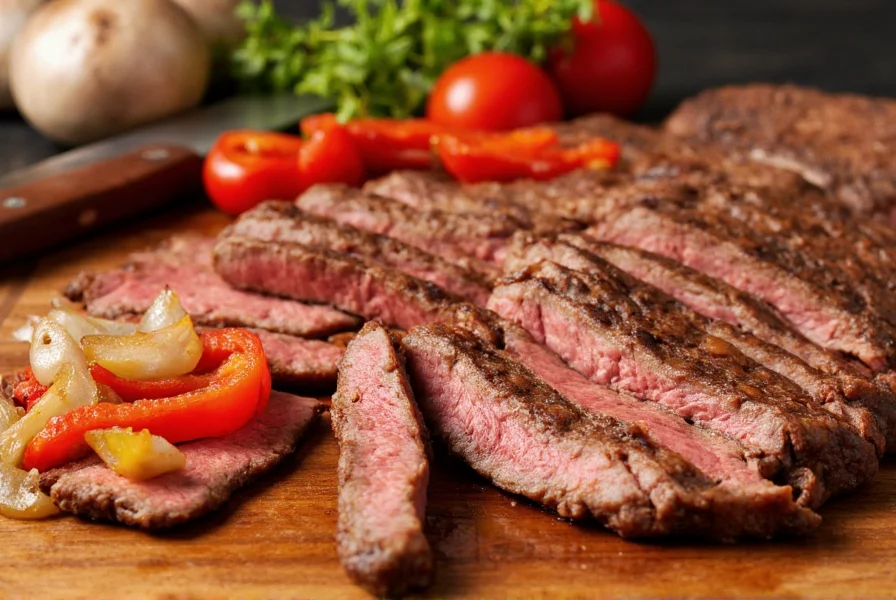 Close-up of perfectly sliced flank steak against cutting board with bell peppers and onions arranged artistically