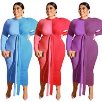 

fall clothing long sleeve patchwork women casual plus size bandage dress
