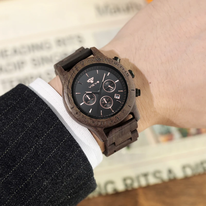 

High Quality Fashion Calendar Clock Chronograph Wrist Luxury Men Wood Watch Custom Logo Military Quartz Watches