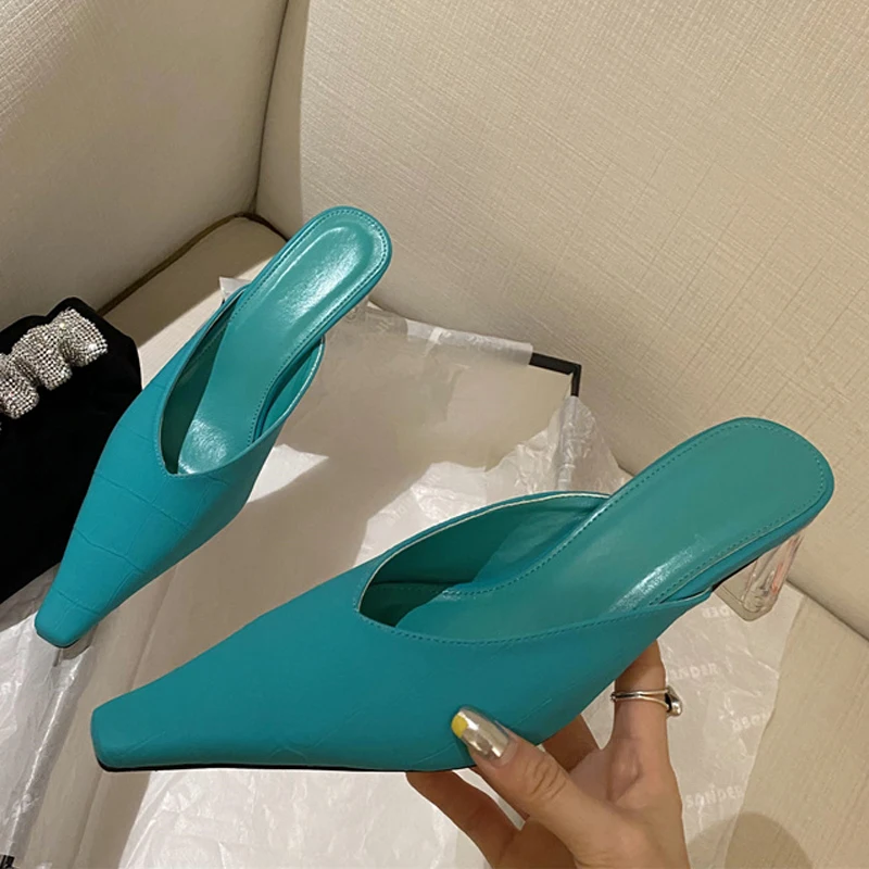

New Summer Pointed Toe Sweet Candy Women Mule Slipper Fashion Crystal Plexiglass Middle Slide female Mules Ladies Heel Shoes