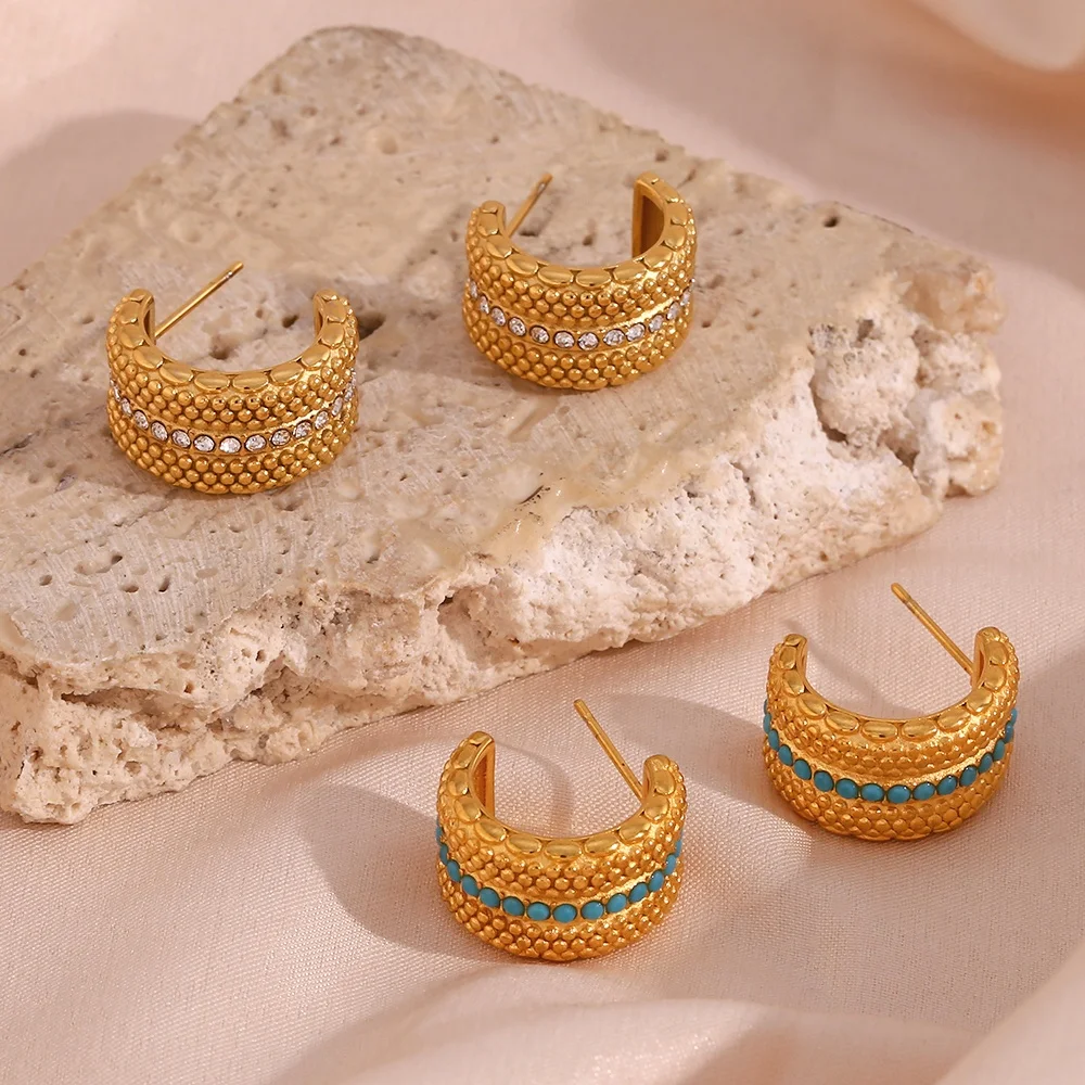 

Chunky Beaded Turquoise Zircon Huggie Earrings 18k Gold Plated Stainless Steel Earring Women Jewelry
