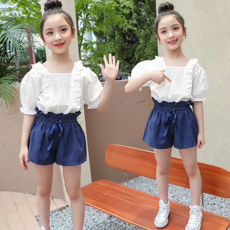 

New arrival fahion summer girls short sleeve pleated tops and casual shorts 2 pieces clothing set, Picture shows