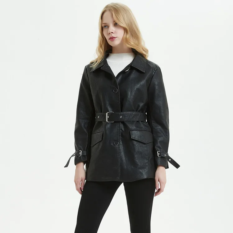 

Autumn new fashion loose long button women fauxleather jacket with belt, Black