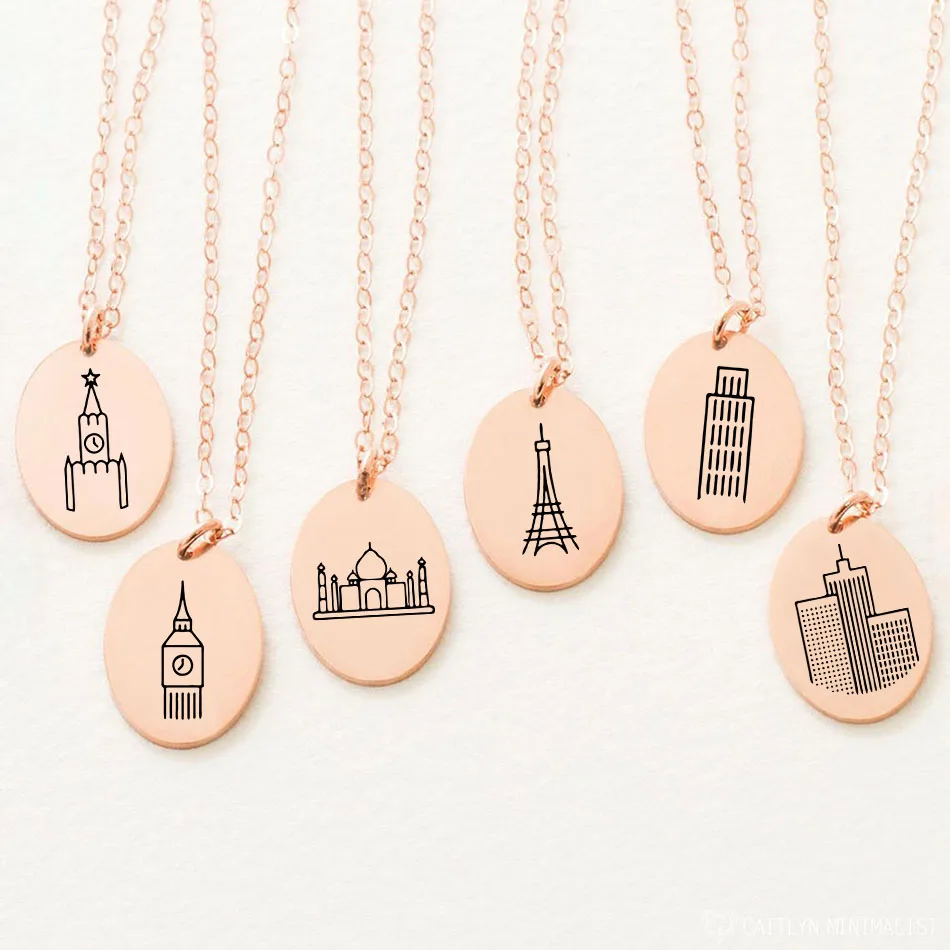 

JUJIE Stainless Steel Classic Custom City Country Travel Series Necklace Cityscape Necklace Gold Plated Women, Silver/gold/rose gold