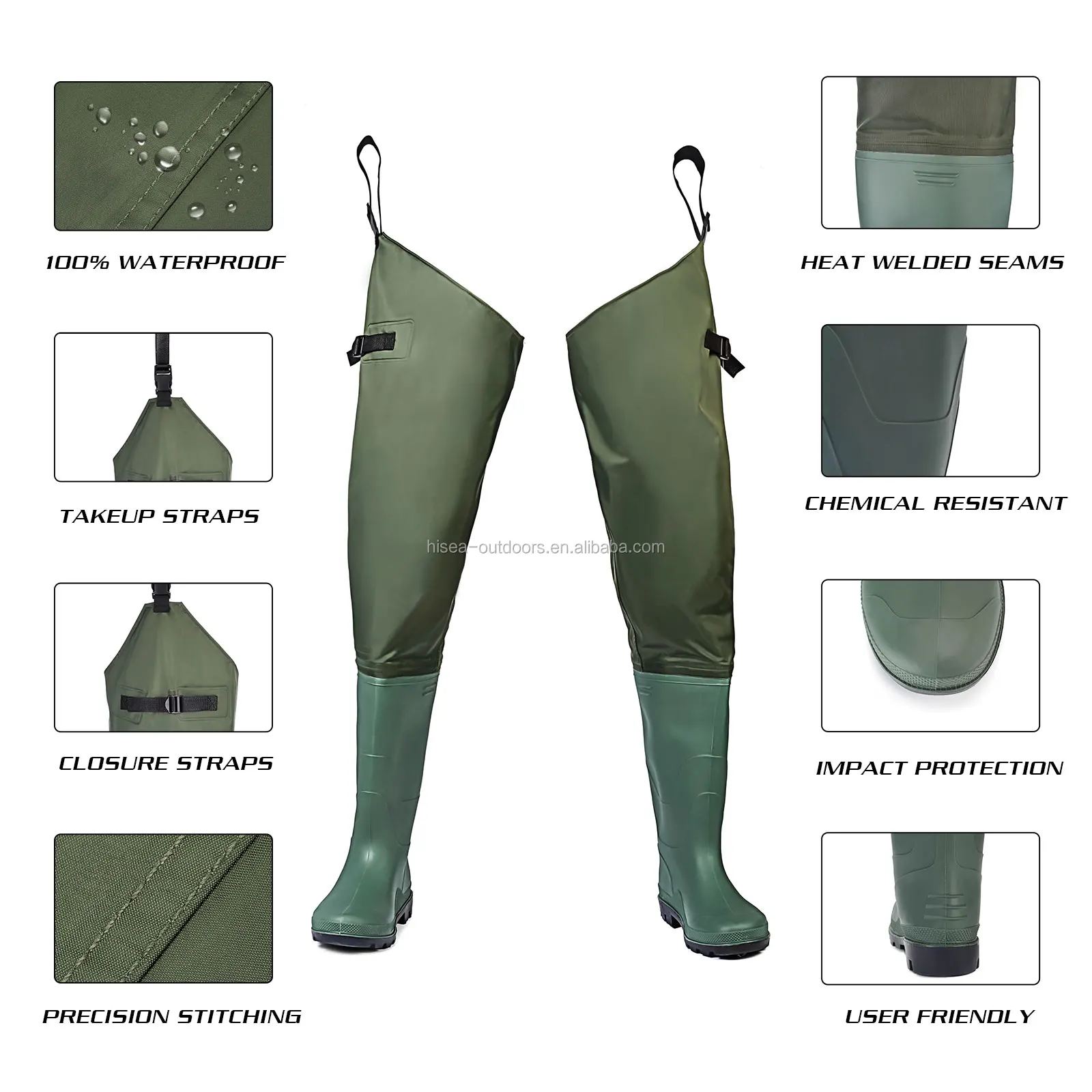 FISHINGSIR Nylon PVC 2-Ply Waders Cleated Bootfoot Hip Fishing & Hunting Waders 