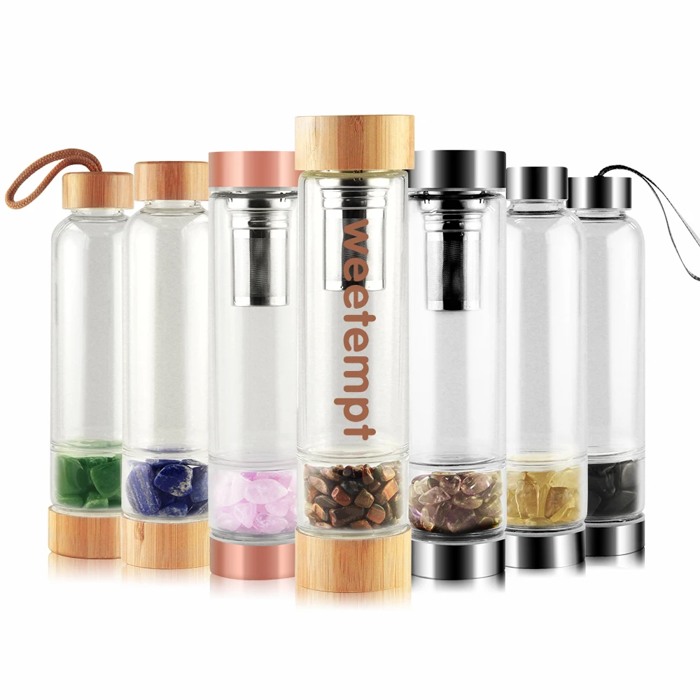 

Low MOQ energy gem crystal stone glass drinking bottle water 500ml food grade