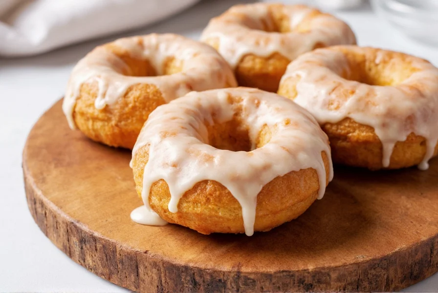 Finished cinnamon roll donuts with cream cheese glaze dripping down the sides on a rustic wooden board