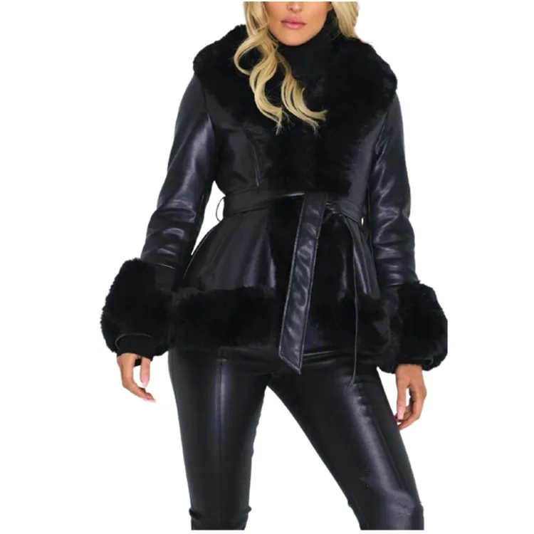 

2021 European and American imitation fur PU big fur collar tie waist ladies windbreaker stitching slim long-sleeved jacket women, Picture showns