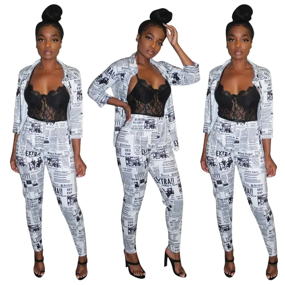 

Newspaper Printed boutique outfit three quarter sleeve two piece set women clothing suit FM-3851, As pictures