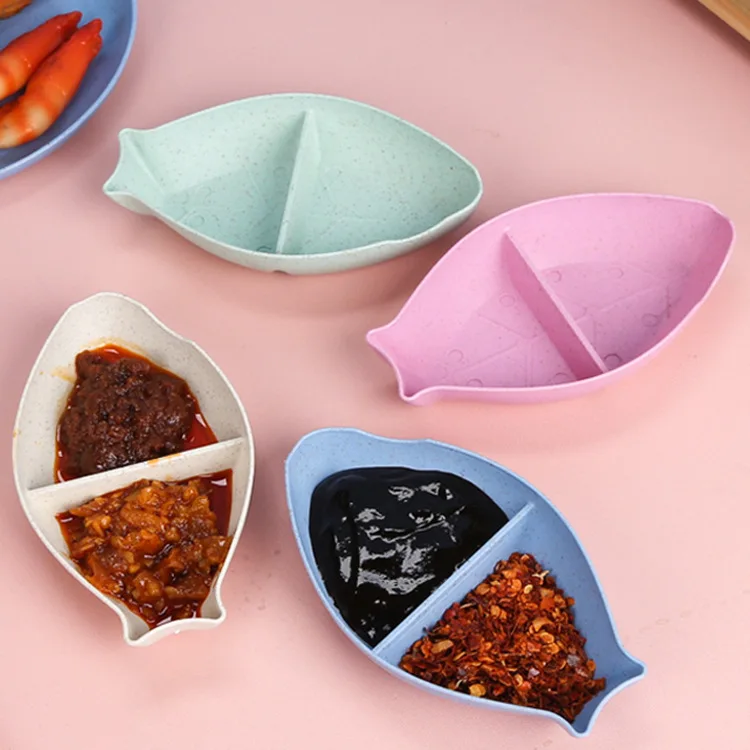 

Plastic Wheat Straw Soy Fishes Shape Sauce Dish, Pink/green/blue/beige