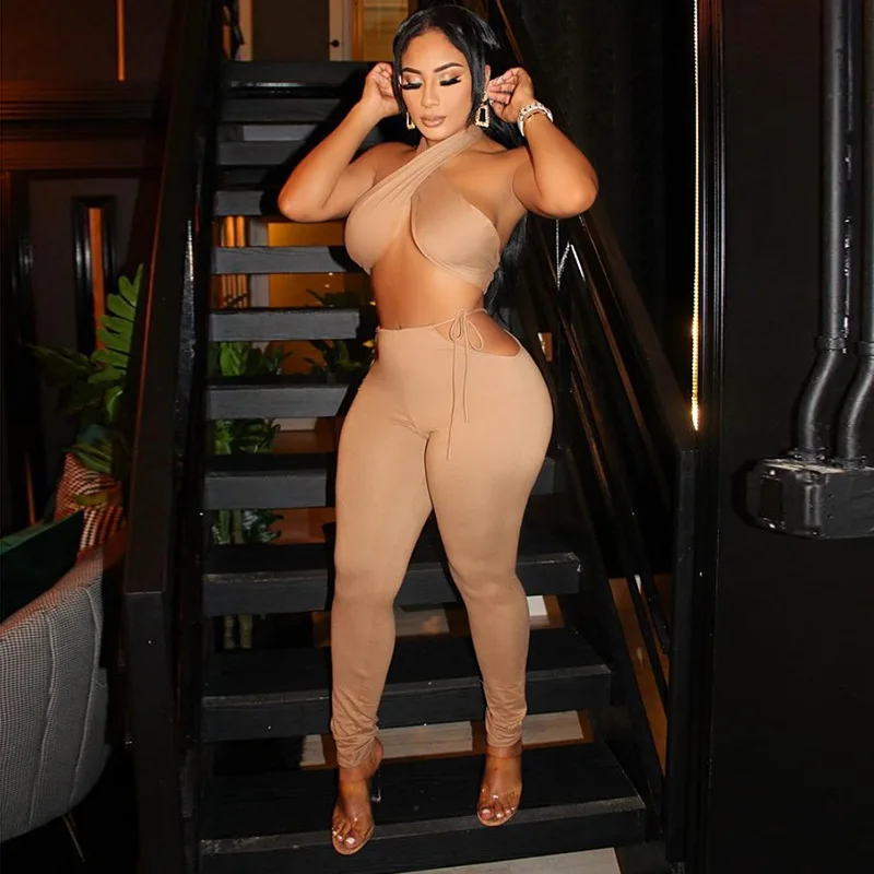 

Bandage Criss Cross Solid Matching Set Women 2021 Backless Club Crop Top And Pants Two Piece Sets Ruched Sexy Hot Outfits