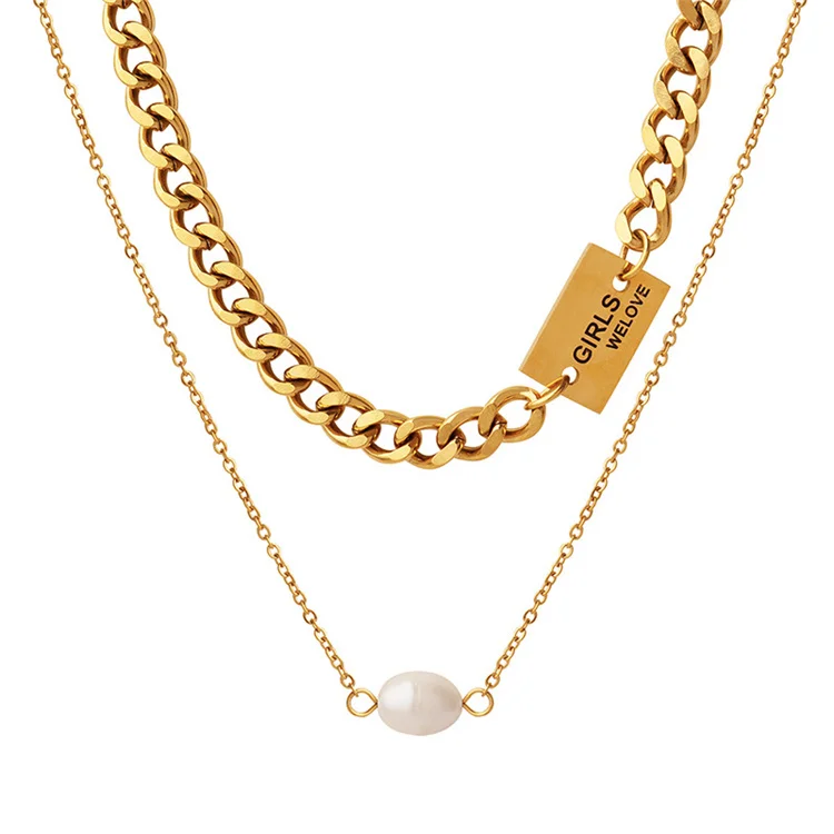 

Hip hop gold plated double layer chain pearl charm square pendant necklace