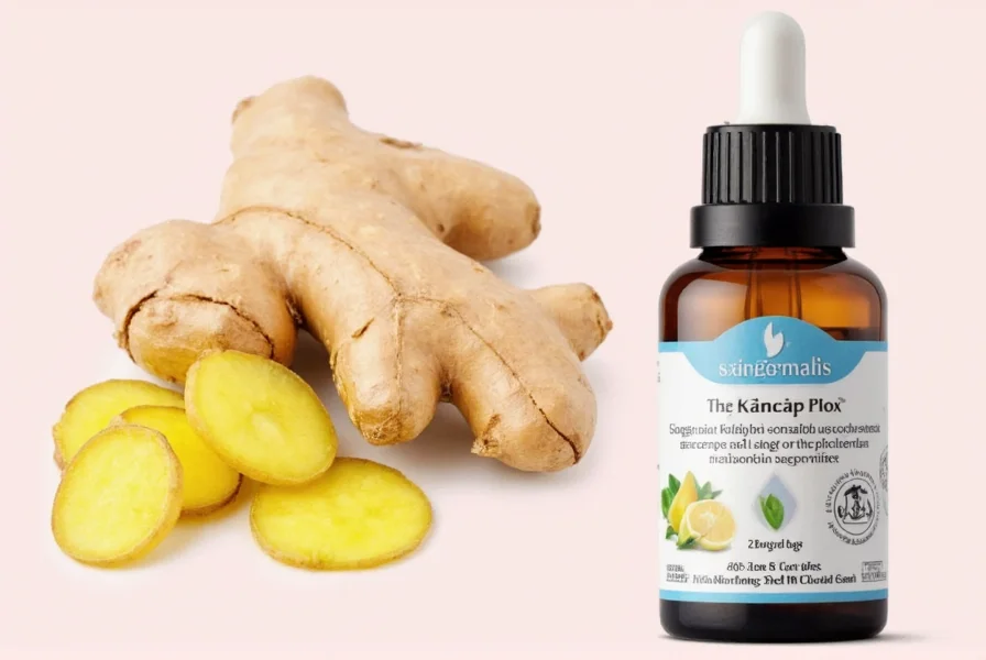 Fresh ginger root sliced with measuring spoon showing 1 gram portion for nausea relief