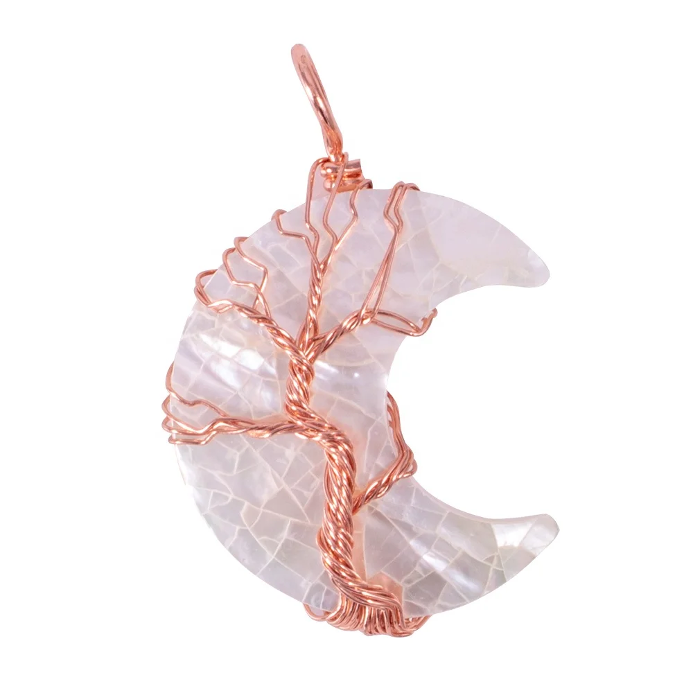 

Natural Life Tree Wrapped White Pearl Shell Half-Moon Pendant Necklaces for women Jewelry Making, White and green