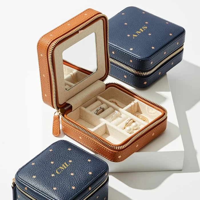 

Luxury portable travel jewelry box with mirror custom small jewelry travel box leather collection zipper jewelry travel box, Customized color