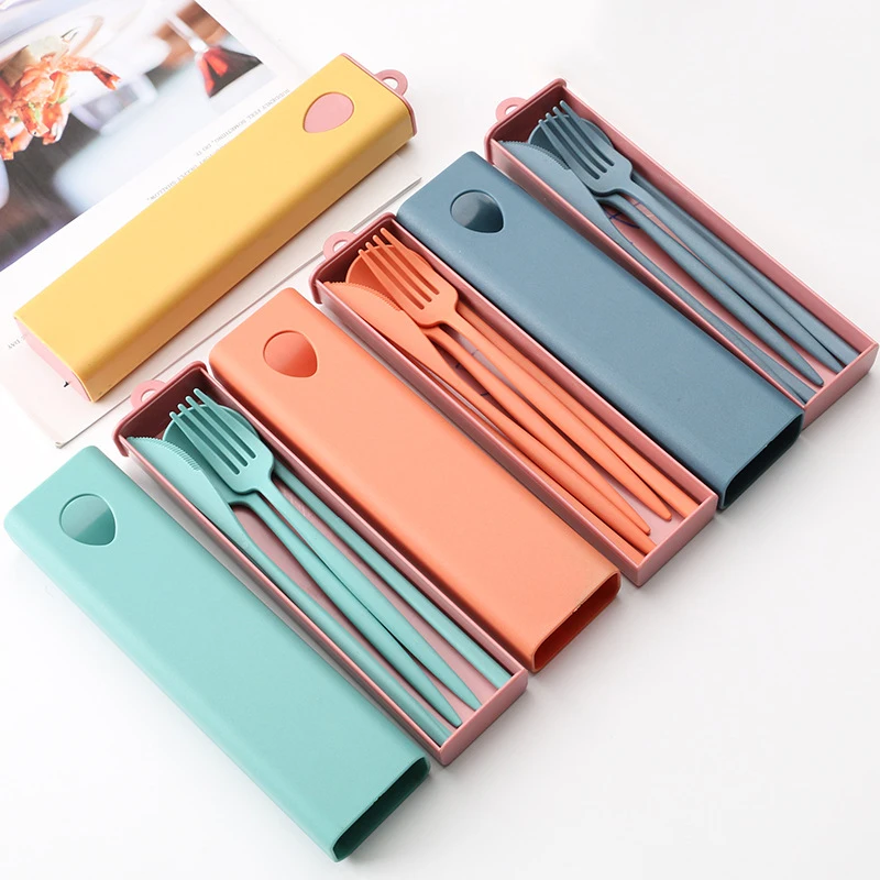 

2021 new arrival high quality knife spoon fork chopsticks wheat straw fiber cutlery eco portable travel cutlery set for home, Blue/green/yellow/orange/custom color