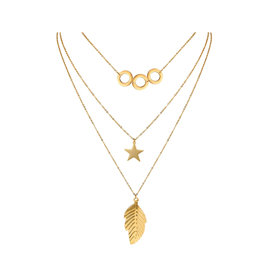 

00944 Xuping Wholesale 14K Gold Plated Layered Jewelry Necklace With Circle Star Leaf Pendant