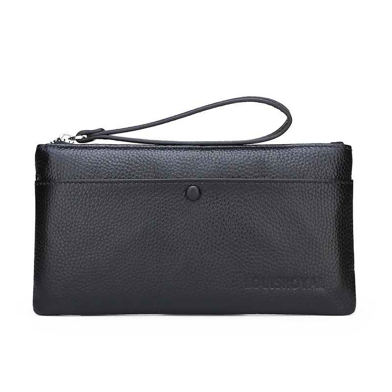 

2020 new men single zipper small clutch envelop purse fashion leisure handhold soft durable wallet full grain cow leather, Black