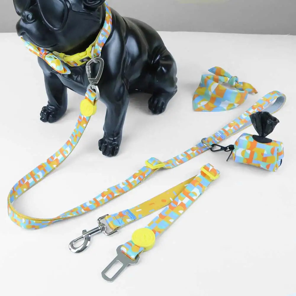 

dog 6 pcs set dog collar leash with bowtie poop bag dispenser seatbelt and bandanas set wholesales new design, As design