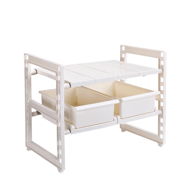 

Expandable Plastic Foldable 2 Tier Multifunctional Cabinet Organization Kitchen Sink Drying Rack Under Sink Organizer, White /brown/customized color acceptable