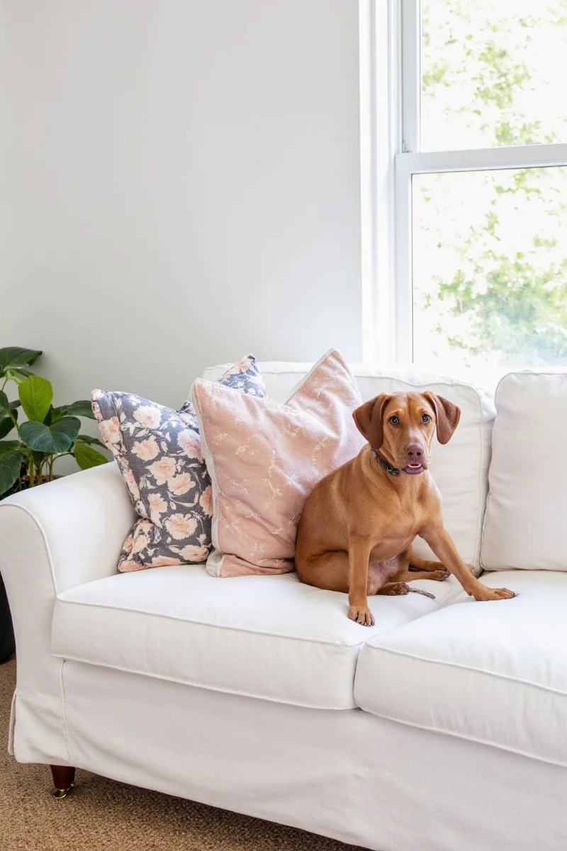 Step-by-step image showing how to properly install a pet-friendly slipcover on a standard L-shaped sofa.