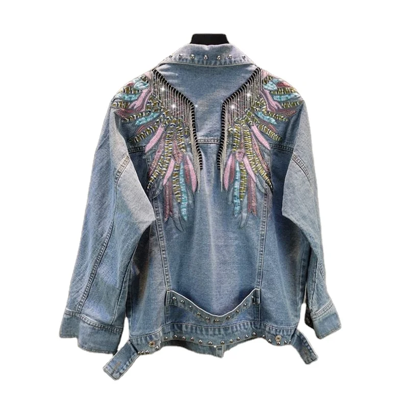 

Denim Jacket for Women Trendy Autumn New European Wings Embroidery Tassel Long Sleeve Jeans Jacket Retro Coats denim jacket