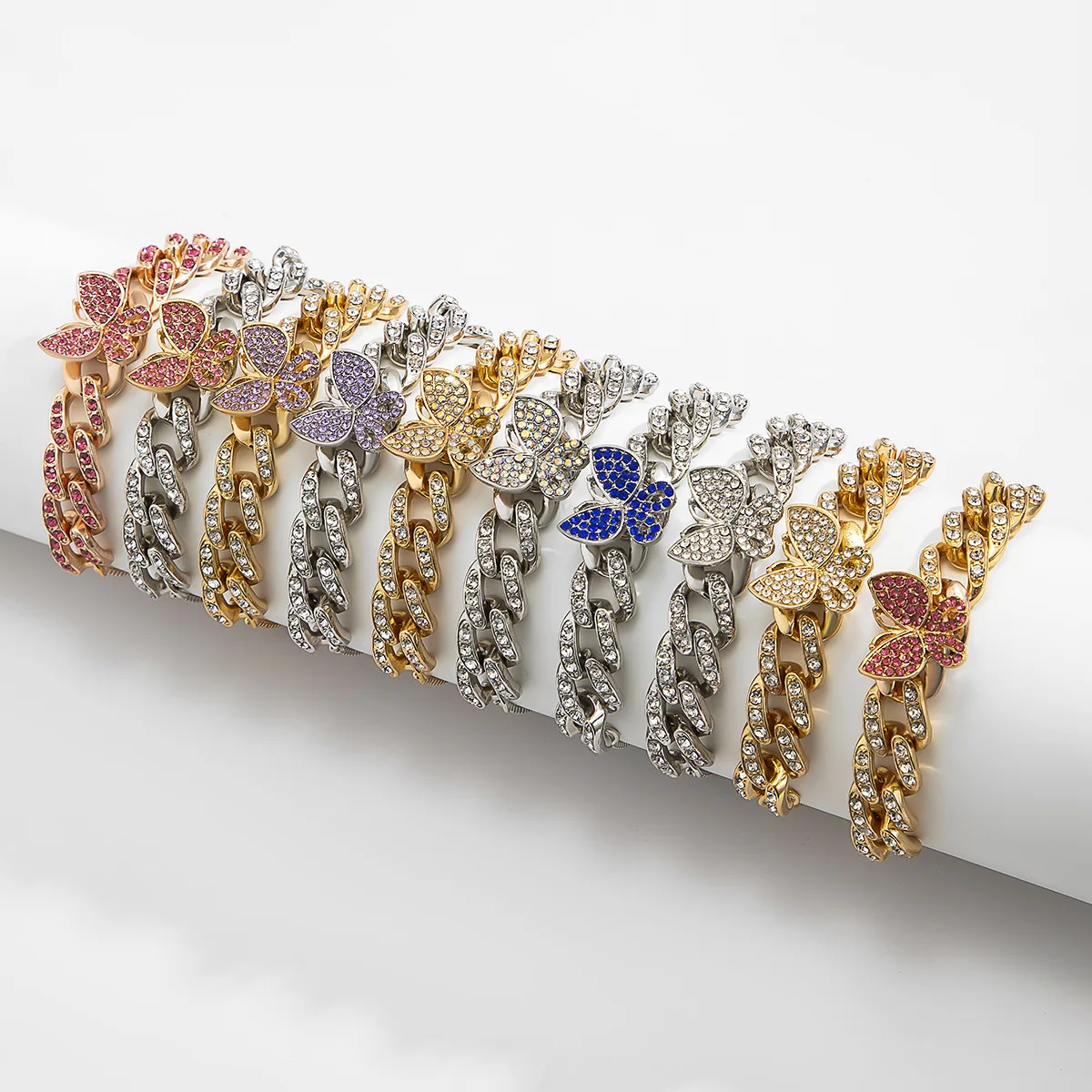 

Hip Hop Micro Inlay Rhinestone Butterfly Charms Crystal Link Chain Adjustable Bracelet for Women Jewelry, Gold, silver