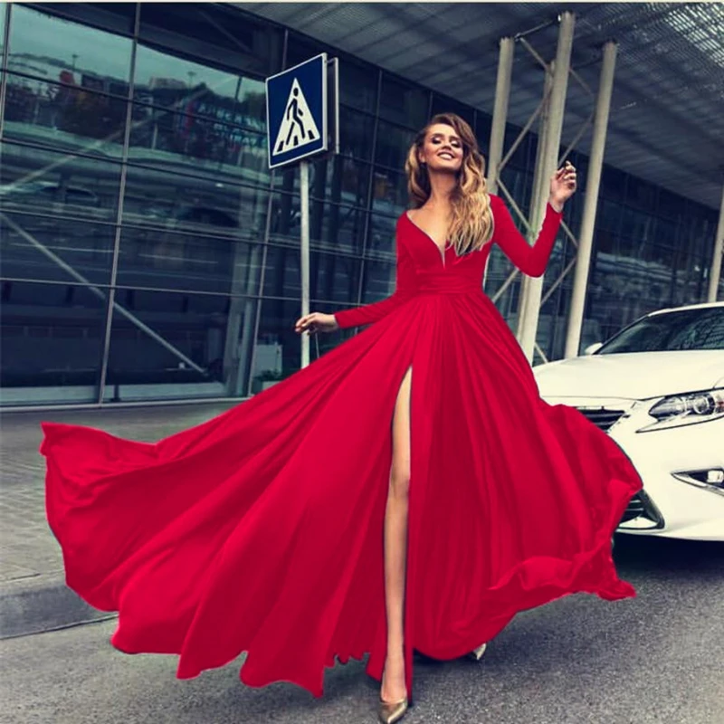 Women Fashion Long Sleeve Dress Sexy Deep V Evening Dress High Quality Bridesmaid Dress