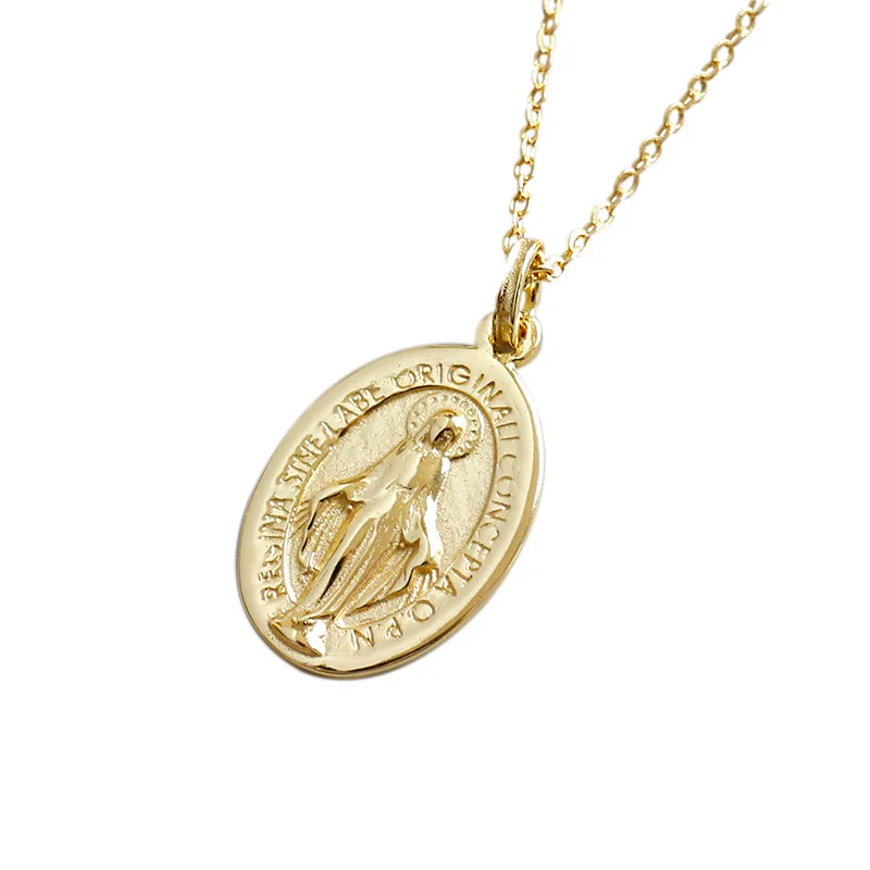 

18K Gold Planted Electroplated Cross Chain Silver Necklace Circle Pendant Portrait Design Virgin Extension Silver Disc Necklace