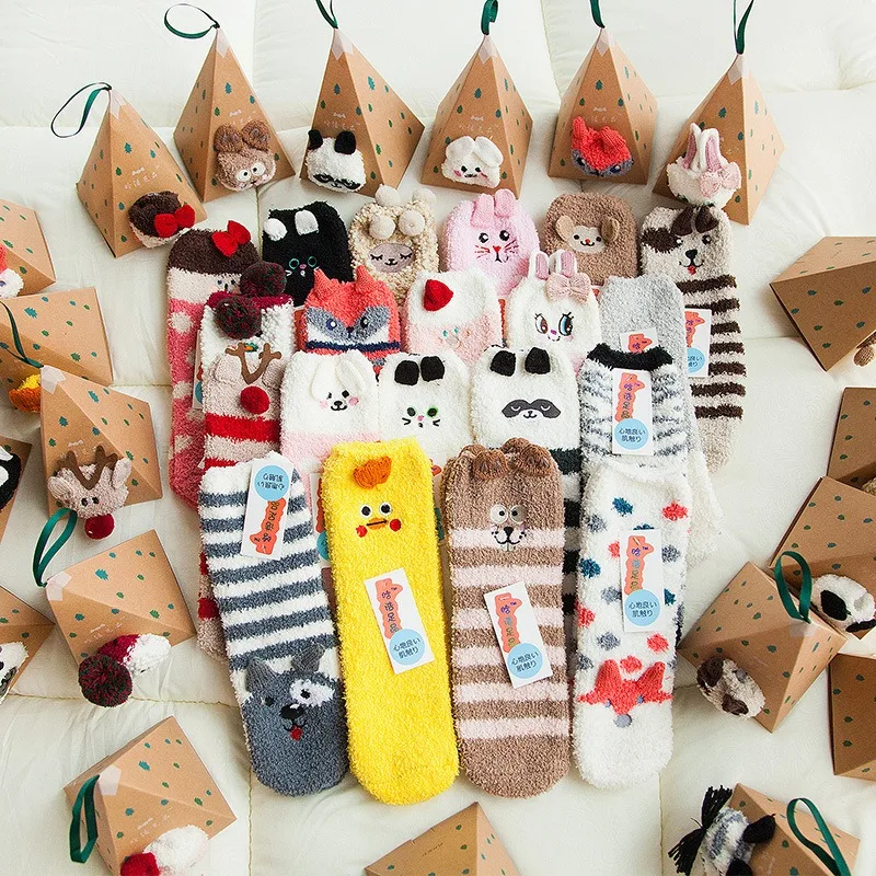 

In stock ready to ship Thick Warm Winter New Year Cute Thermal Fluffy Fuzzy Soft Christmas Gift Socks in Box with Deer printing