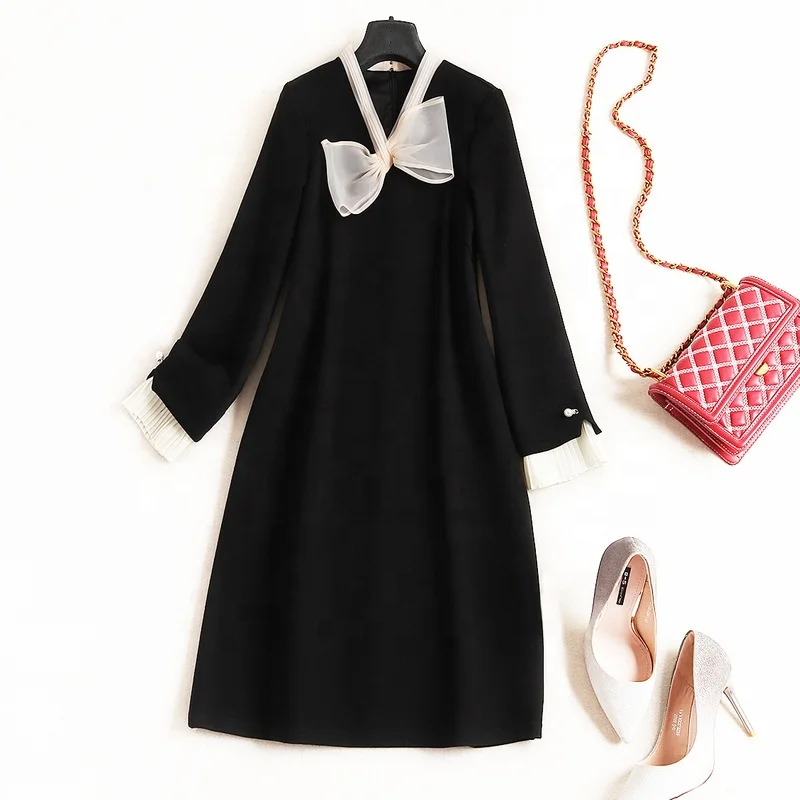 

B24287A Bow collar dress 2020 spring high waist middle dress pleated A-line dress, Black