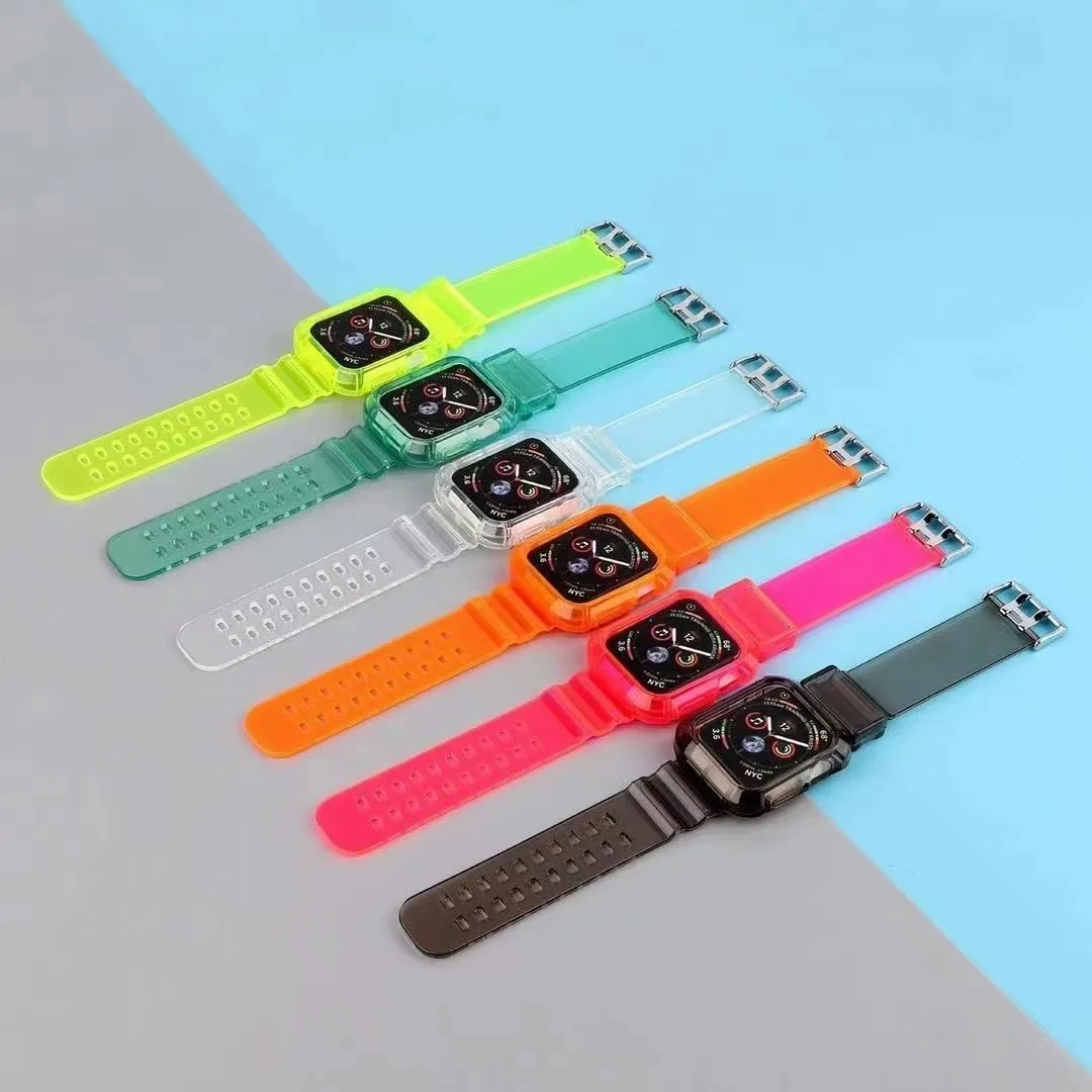 

Plastic Silicon Rubber Smart Sport Clear Transparent Watch Band with protector case for Apple Watch 38 40 42 44 mm, Various colors to you choose
