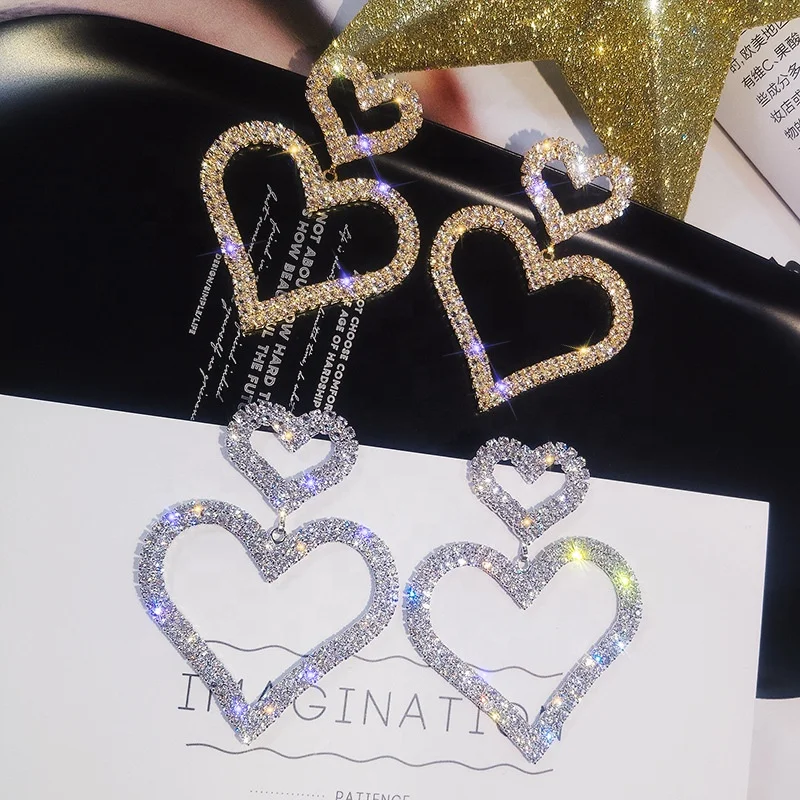 

Trendy Exaggerated Diamond Double Dangling Heart Earrings Women Earrings Fashionable Jewelry, Picture shown