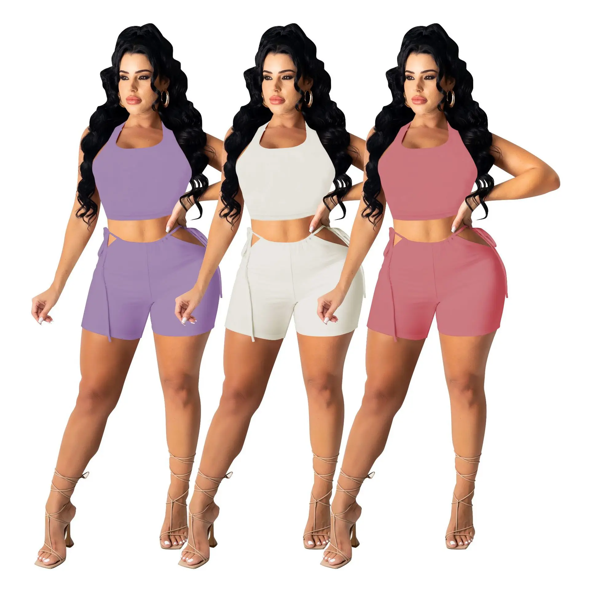 

DLL YQ 2021 sexy summer clothes Shorts set with lace up Tight Pants holes waist two piece pants set, As picture or customized make