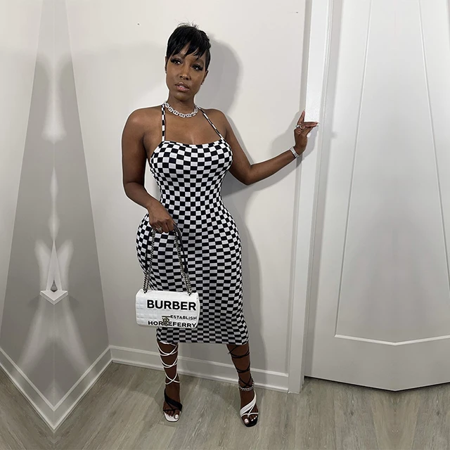 

2021 Womens Summer Wear Fashion Cross Strap Backless Dress Sleeveless Plaid Dresses Women -PT, Black/white