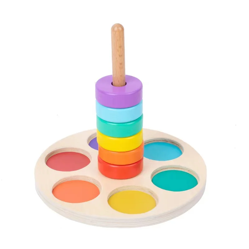 Montessori Wooden Children's Early Education Foldable rainbow Hoop Cultivation Color Cognitive Coordination Matching Stud Toys