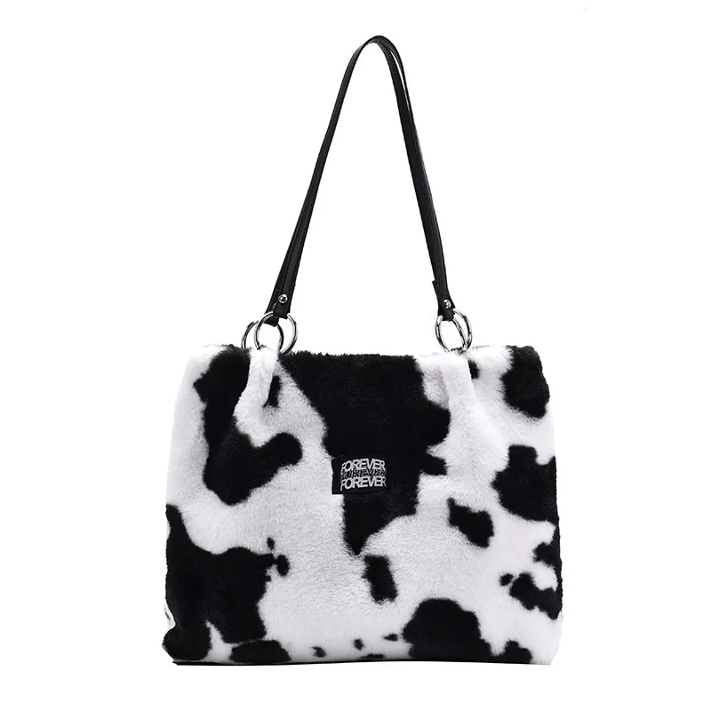 

Animal Print Faux Fur Shopping Bag Cow Print Shoulder Bag, Zebra grain/pink zebra grain/white/cow grain/can be customized