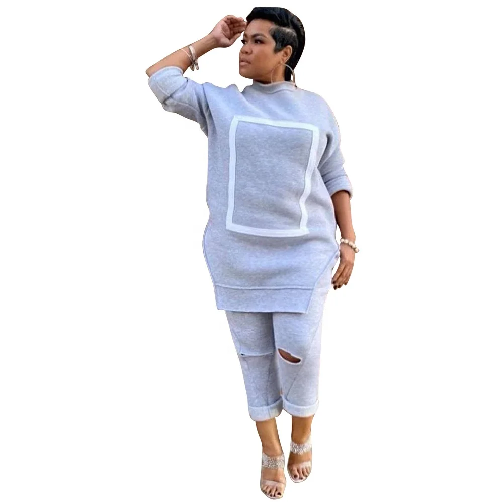 

AI121-8412 Custom Casual Korean Fashion Color Solid Pullovers Slit Tops and Pants Sports Suit For Women