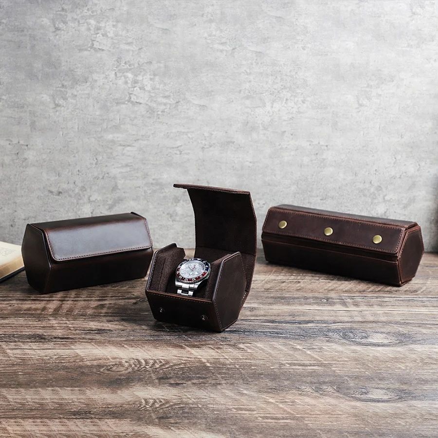 

CONTACT'S FAMILY Vintage Genuine Leather Handmade Watch Storage Box Hexagon Design Travel Single Watch Roll Box