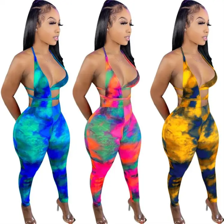 

New Arrival Summer Hanging Neck Pencil Pants Jumpsuit 2021 Sexy Rompers For Women Tie Dye Jumpsuit