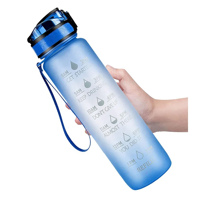 

1L Portable High Quality Plastic Drinking Water Bottle With Time Marking, Grey/orange/bule/green