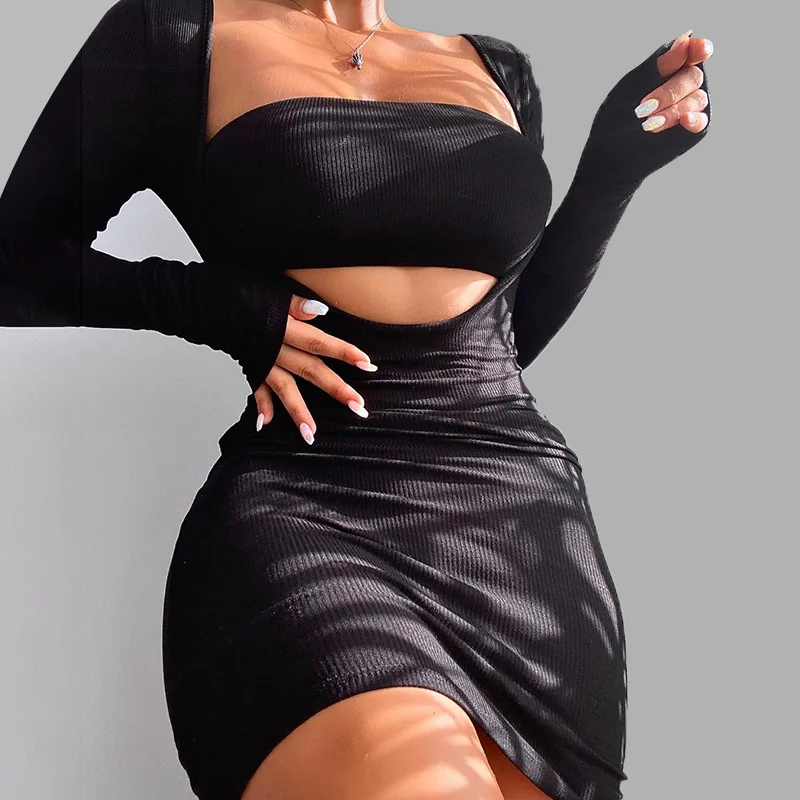 

2021 latest autumn long-sleeved sexy casual slim dress women's cut air quality hip wrap chest short skirt, Black and brown