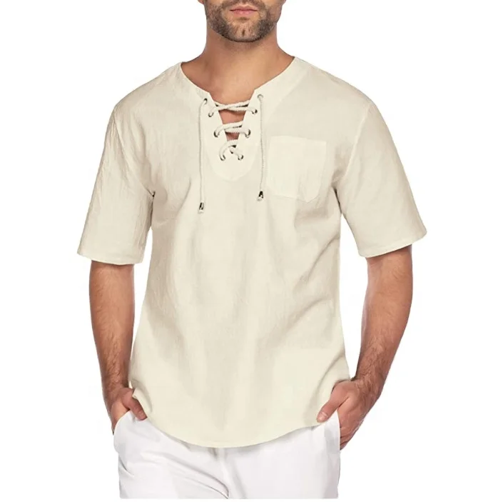 

2020 new men's short cotton and linen lace-up collar casual fashion short-sleeved T-shirt shirt