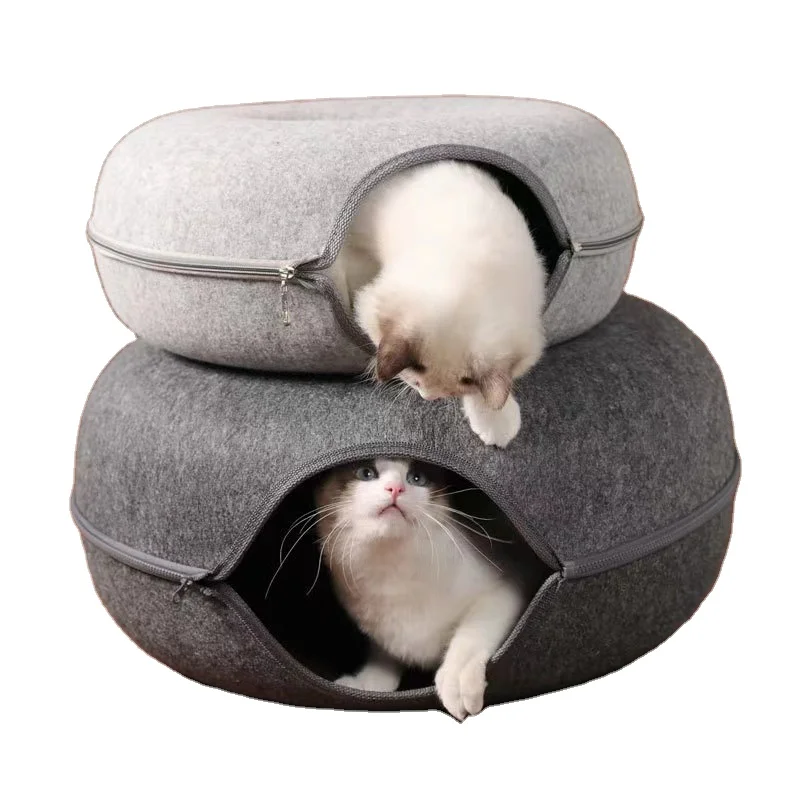 

New Hot Manufacturer Wholesale Luxury Creative Double-storey Donuts Shape Custom Felt Round Tunnel Pet Cat Bed Peekaboo Cat Cave