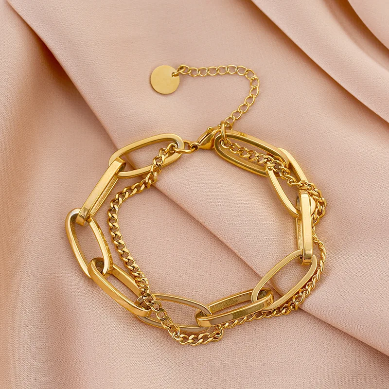 

2024 Fashion retro 18k gold double layer bracelet Ins temperament Stainless steel oval chunky chain bracelet famme