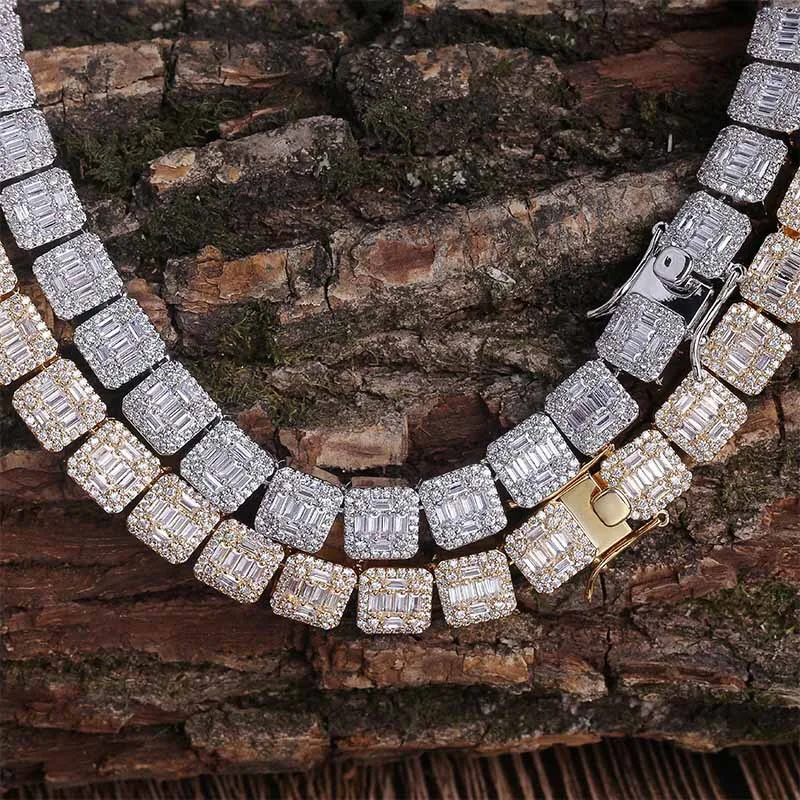 

New arrivals mens gold plated chain 10mm square shape iced out baguette necklace jewellery, White gold