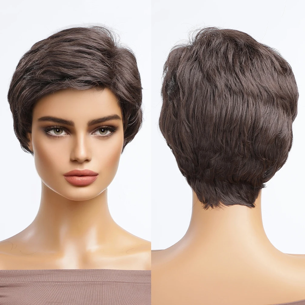 Factory Fast Delivery Brown Pixie Short Hair for Women Use Pixie Straight Hair Synthetic Wig High Density Heat Resistant Wig