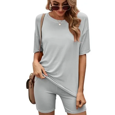 

2021 New Arrival O-neck Short Sleeve Solid Gym Ladies Short Set Casual Women Two Piece Set